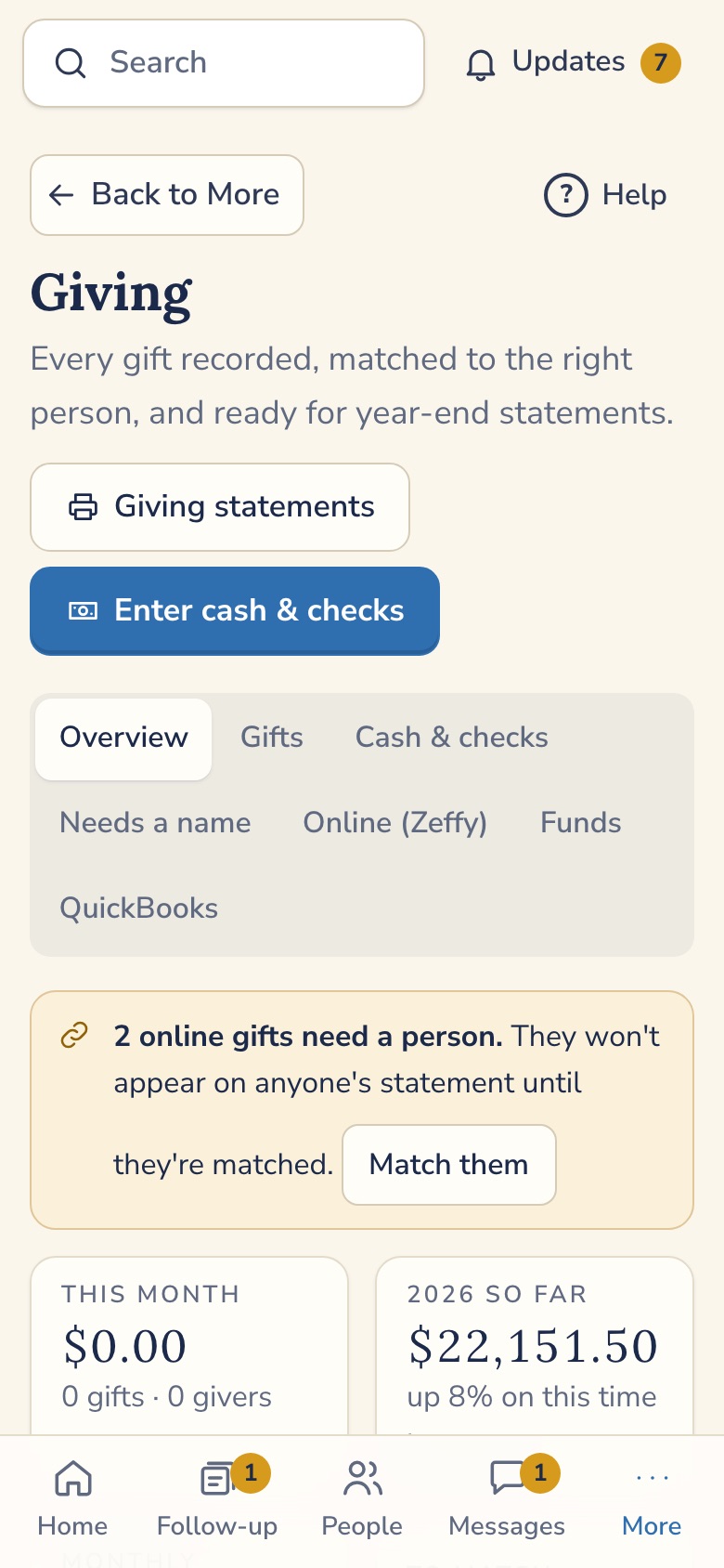 Chapelbook giving overview with month totals, a gift waiting to be matched, and a monthly chart